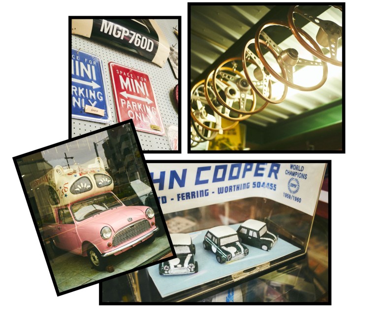 A collage consisting of four pictures (from left to right): a wall with historical plaques hanging on it, a picture showing several steering wheels, the Mini Ice Cream Van and a close-up of Mini model cars displayed in a showcase. 