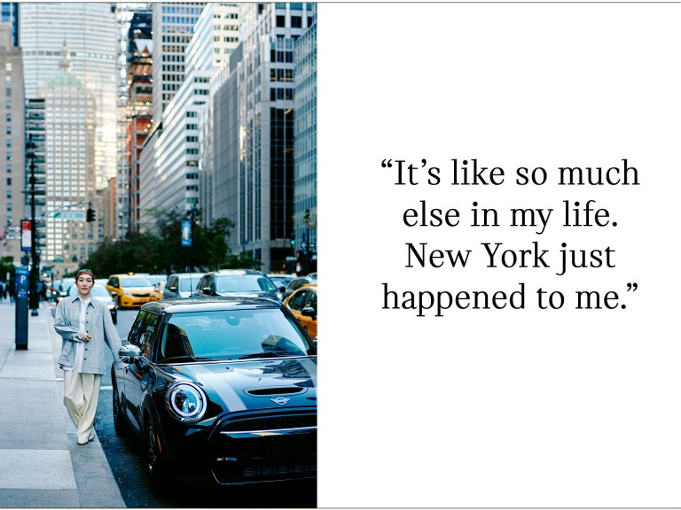 Image of fashion designer Hana Tajima and a MINI 5-door Cooper S, somewhere in New York.