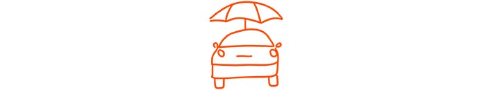 Scribble of an orange car with an open umbrella on the roof.