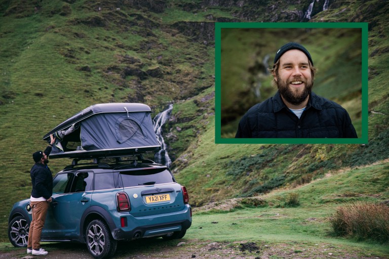 A portrait of Jeffrey Bowman, and an image of him and his MINI Cooper S ALL4 Countryman Plug-In Hybrid.