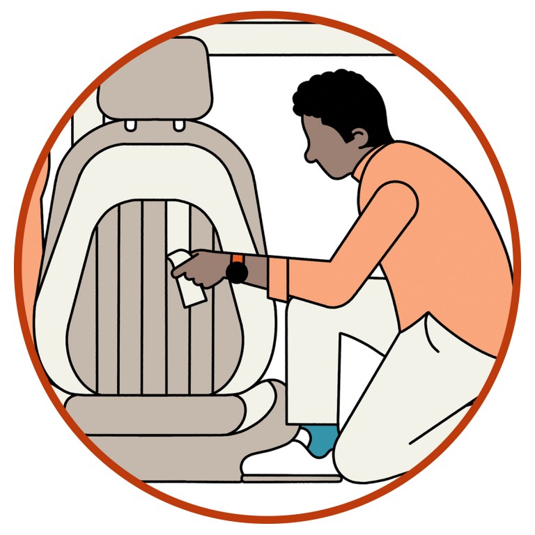 Illustration of a car seat and a designer. It symbolizes MINIs success in replacing traditional leather with a similar leather alternative.