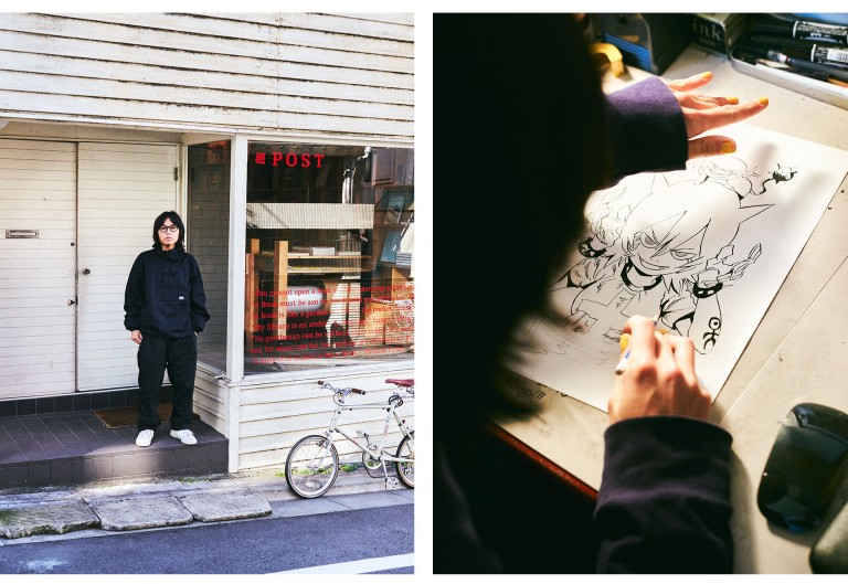  Jun Inagawa in front of his favourite bookshop in Ebisu. A detail shot of a hand drawing a manga.  