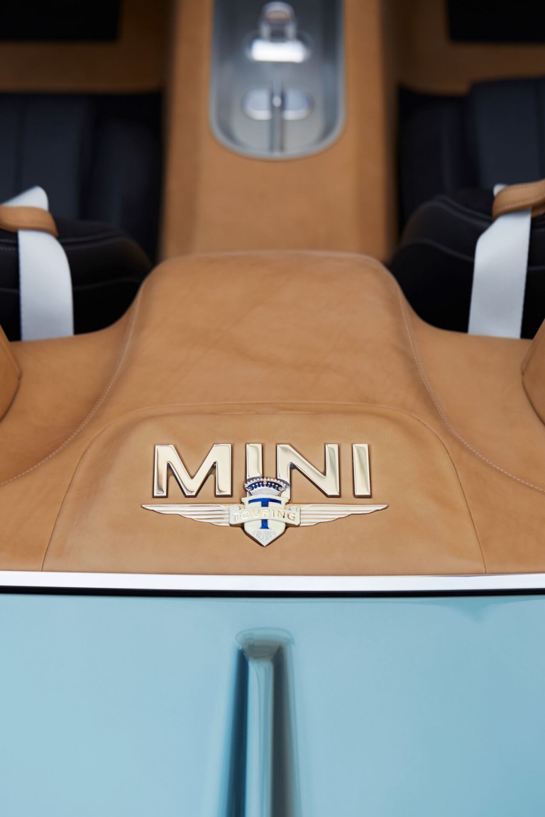 View of the MINI Superleggera from above with seats and MINI logo.