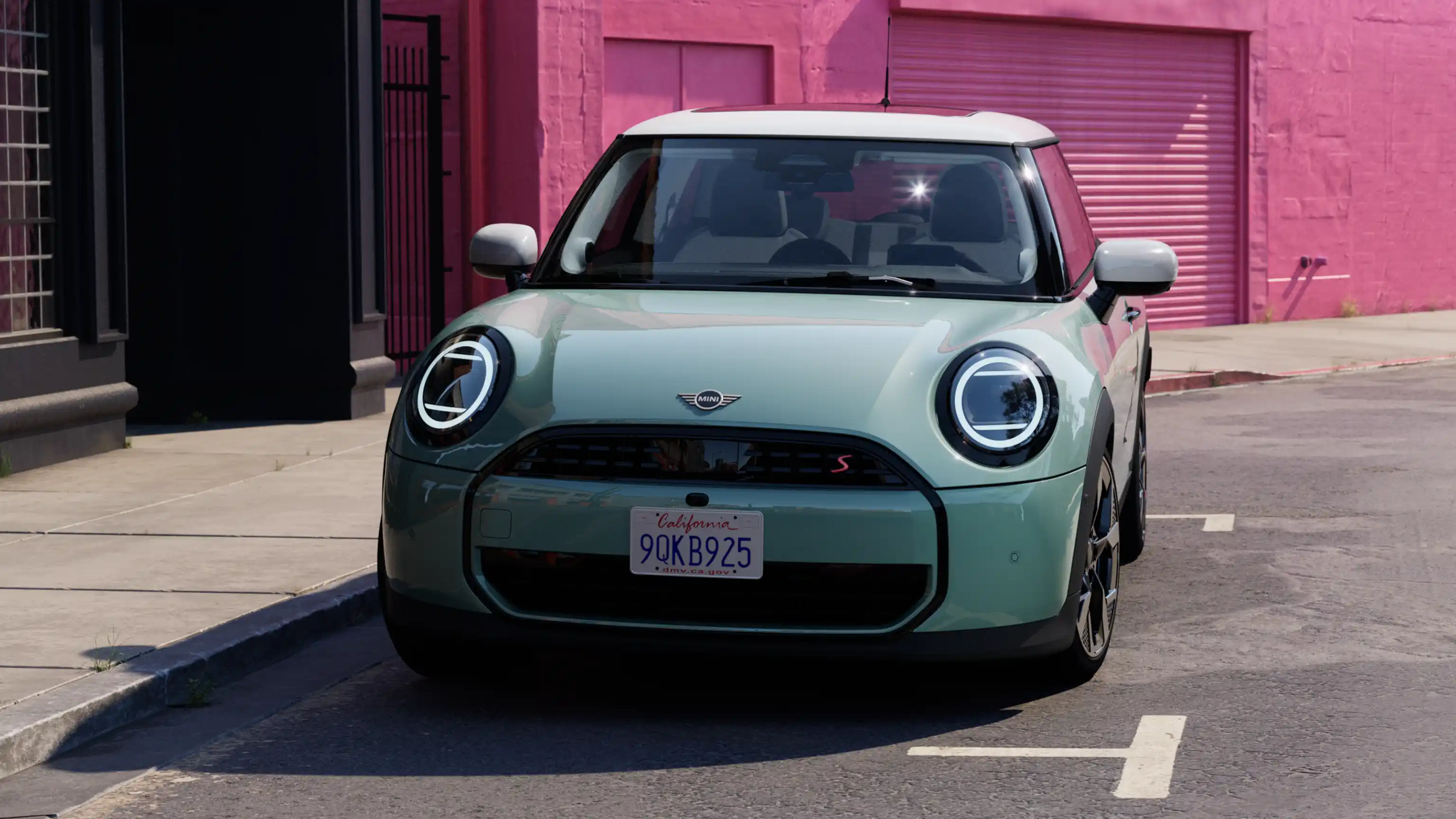 Collage of two pictures. On the left, the New MINI Cooper can be seen from the front. The car is standing on a purple circle in front of light blue background. Next to the car is a woman in a striking outfit. On the right picture, the moving New MINI Cooper can be seen.