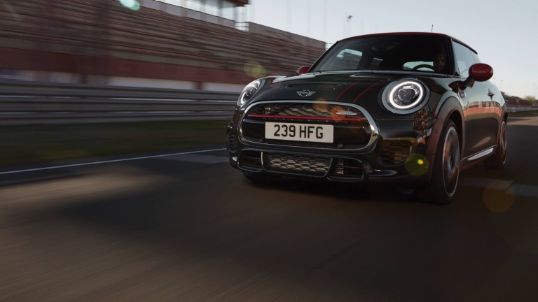 Front view of MINI John Cooper Works crossing the finishing line.