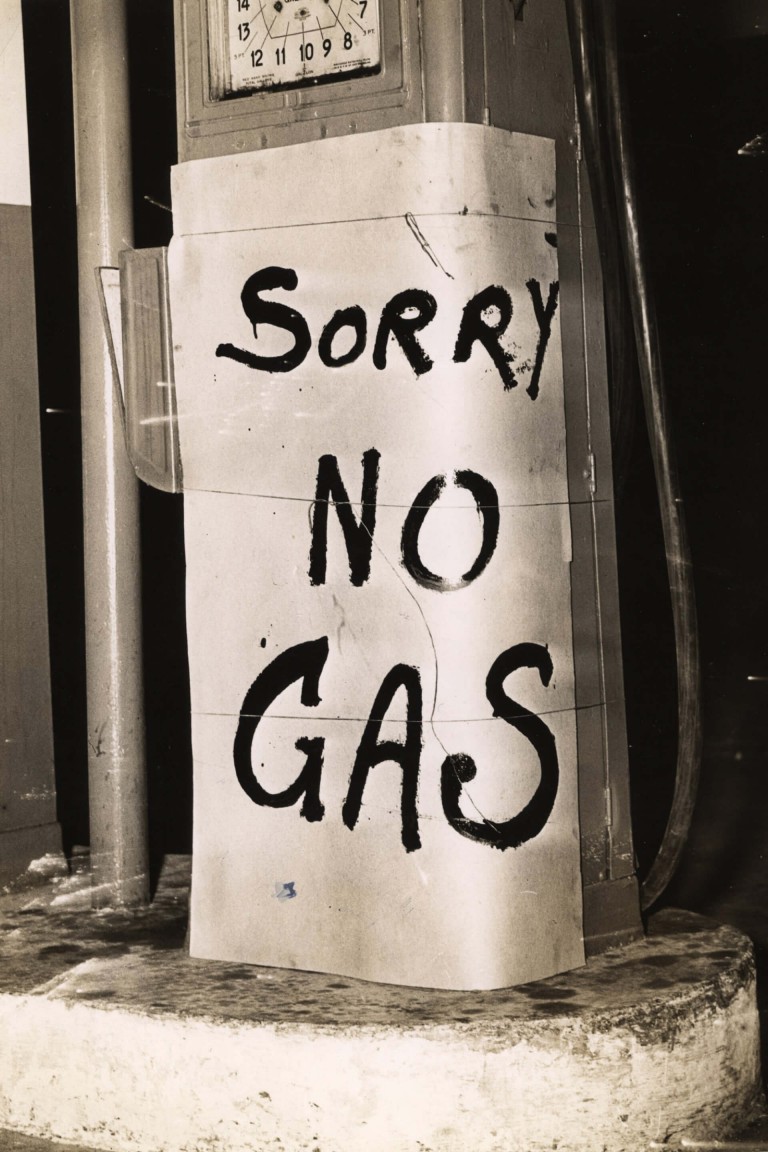 Sorry No Gas' sign at a gas station in 1959.