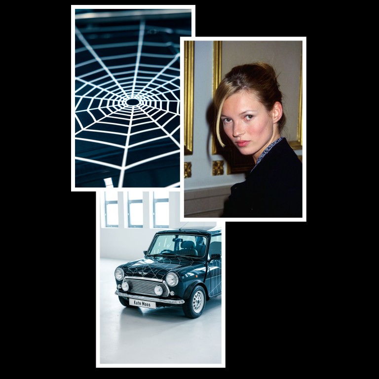 Close-up of the bonnet fo the MINI Cooper Spider by Kate Moss. Kate Moss, circa 1998. Semi-profile of the MINI Cooper Spider by Kate Moss.