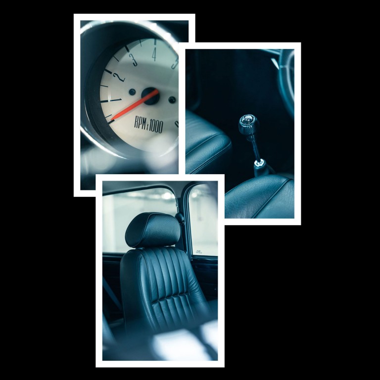 Close-up of the tachometre on the dashboard of the MINI Cooper Spider by Kate Moss. Close-up of the transmission of the MINI Cooper Spider by Kate Moss. Photo of the seat of the MINI Cooper Spider by Kate Moss.