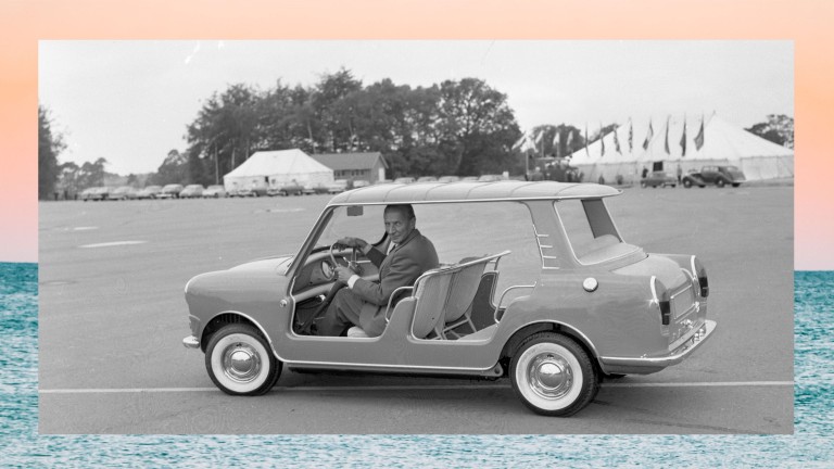 Sir Alec Issigonis driving a Wolseley Hornet or the Riley Elf Beach Car at an event.