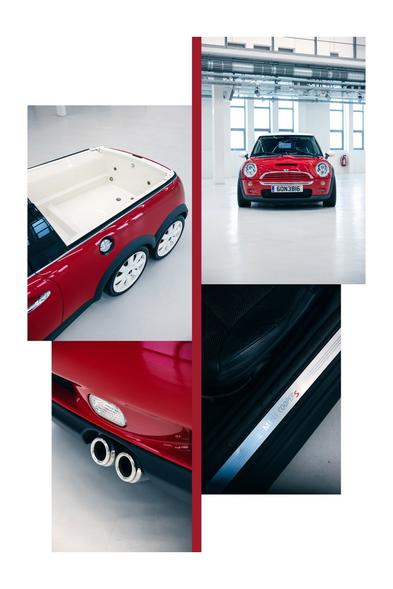 A collage of images of the MINI Cooper S Limousine. These include a photos of the front of the car, the whirlpool in the back, the exhaust and the sill.