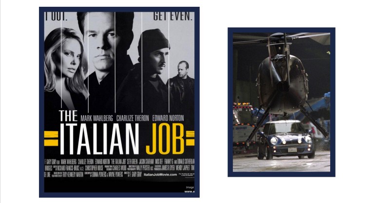 A poster of and a still from the film „The Italian Job” (2003).