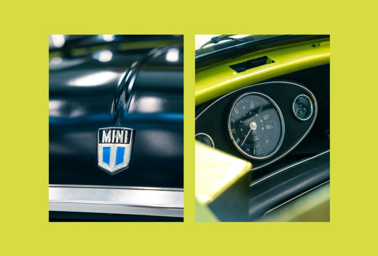 A photo of the badge and the dashboard of the Mini 1000 „Mr. Bean”.
