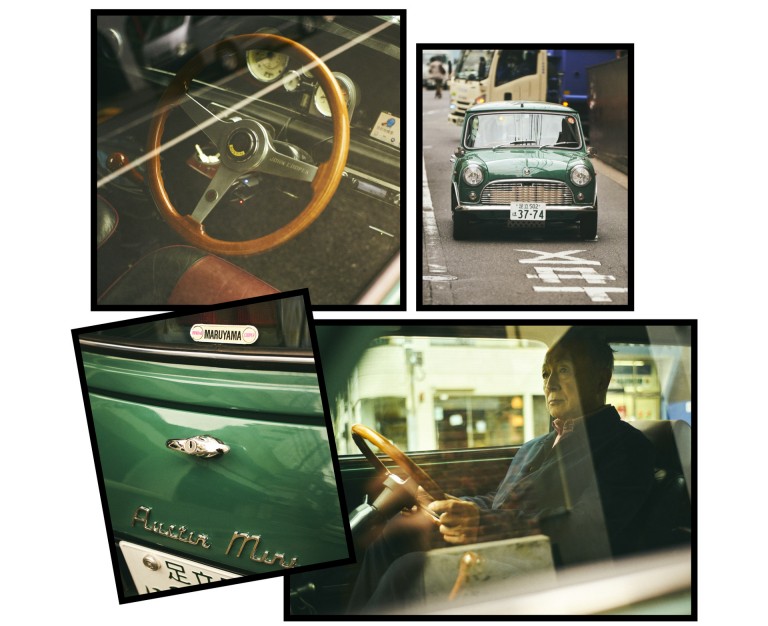 A collage consisting of four images (from left to right): Detail shot of the steering wheel of John Cooper's racing car, a classic Mini on the streets of Tokyo, the tailgate of an Austin Mini and Kazuo Maruyama in the driver’s seat of a classic Mini.