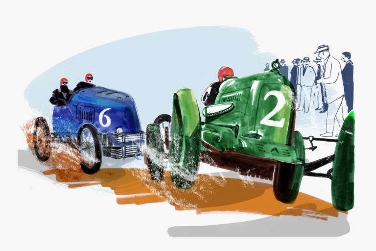 An illustration of two old racing cars in blue and green at a Gordon Bennet Cup.