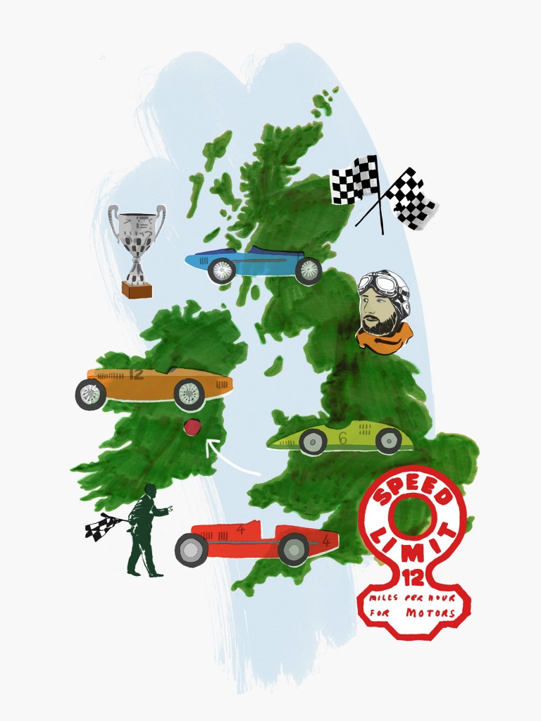 An illustration of a map, with silhouettes of Ireland and Great Britain.  Racing cars in several colors, a trophy, racing flags, and a draw of a red-white sign for  a speed limit with 12 mph can be seen.