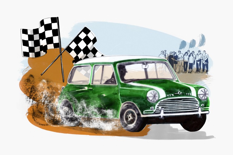 A Mini Cooper S in British Racing Green with two white racing strips down the front -   with racing flags in black and white and illustrations of people.  