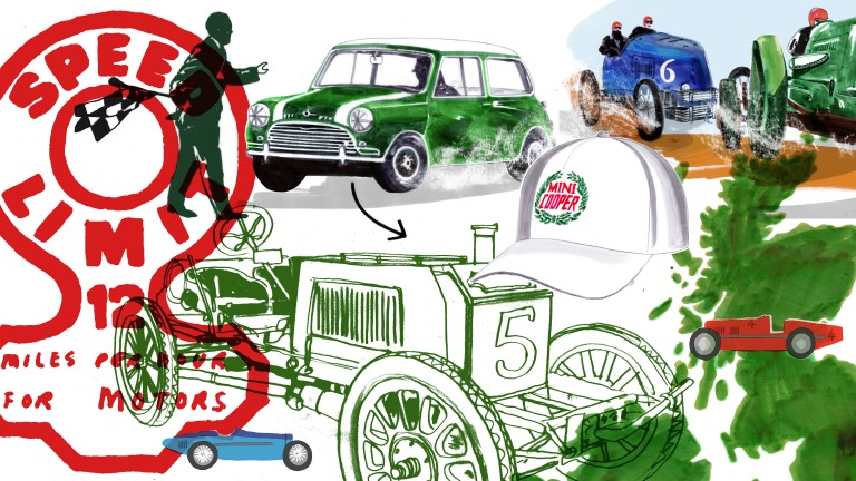 A colorful collage of several illustrations that refer to the texts and drawings that follow.  The dominating color is British Racing Green with drawings of a green-white Mini Cooper S and also old historical racing cars. Also a draw of a red-white sign for a speed limit with 12 mph can be seen.