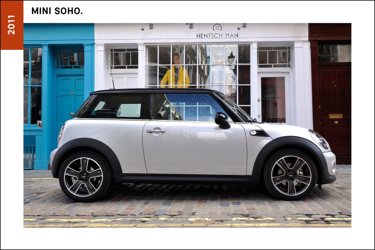 Featuring white silver metallic paint and 17-inch alloy wheels, among other striking visual features, the MINI Soho, released in 2011, was named after the trendy London district.