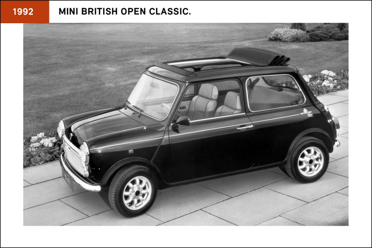 The Mini British Open Classic from 1992. It features full length electric sunroof, Minilite wheels, in metallic British Racing Green with gold pinstriping and British Open Classic decals.