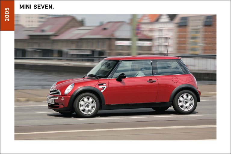 The MINI Seven, available in Solar Red, represented the 2005 interpretation of the ancestor of all MINI automobiles, the Austin Seven (later renamed the Mini), designed by Alec Issigonis in 1959.