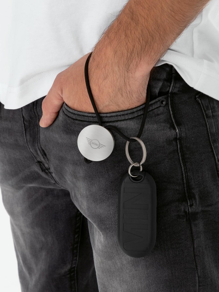 MINI logo keyring in silver and black.