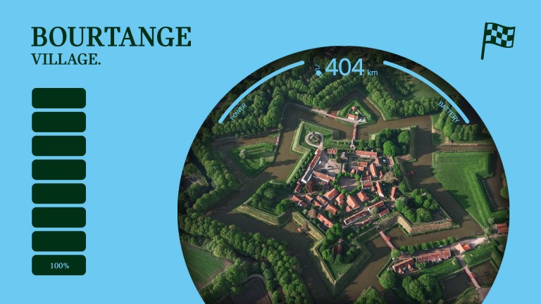 Overhead view of Bourtange Village, the star-shaped fortress, and the manicured green spaces that surround it.