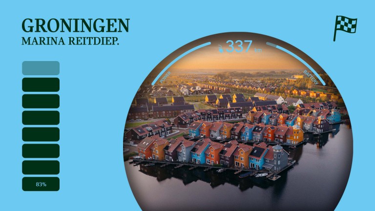 Sweeping view of Groningen’s marina at sunset, where brightly coloured houses stand at the water’s edge.