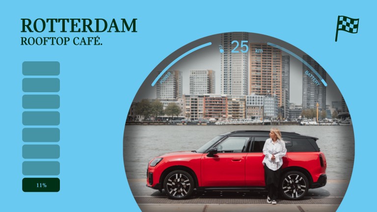 Katarina leans against the all-electric MINI Countryman. The car is parked by the water with a view of Rotterdam city centre in the background.
