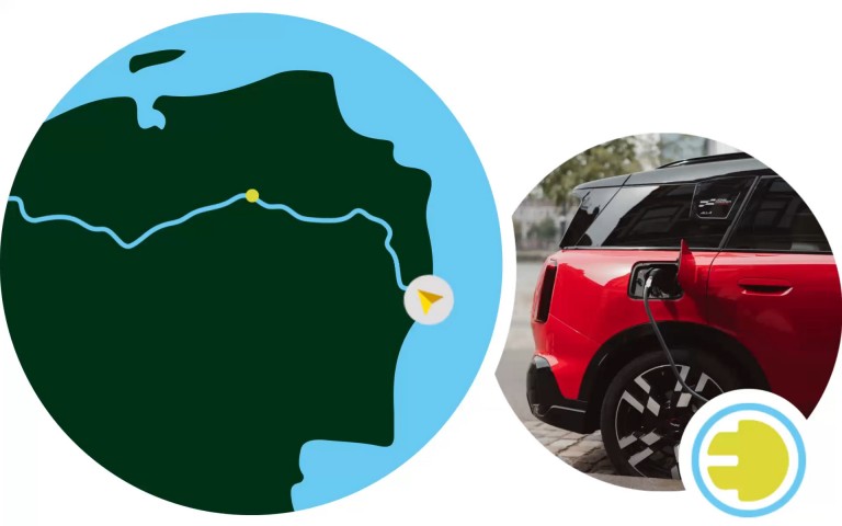 Pictured: the general map outline of Katarina and Uros’ journey in the Netherlands. Back half of the all-electric MINI Countryman in Chili Red and its open charging port as it charges.