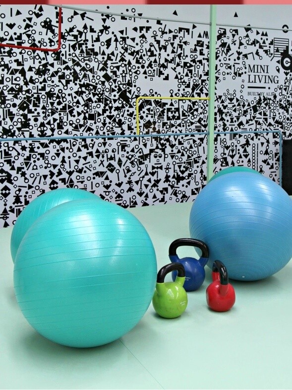Colourful exercise equipment including weights and large rubber balls are displayed in front of a black and white panel with building block symbols