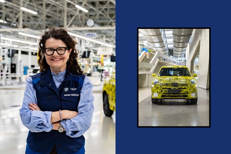 A collage of two pictures. On the left Stefanie Wurst, Head of MINI, in one of the production halls in Leipzig. On the right, a picture showing the front view of the new MINI Countryman. 