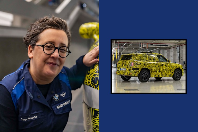: A collage of two pictures. On the left a portrait of Sonja Hengstler, Project Manager for the new MINI Countryman. On the right, a picture showing the side view of the new MINI Countryman.
