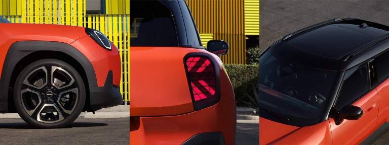Close-up of new MINI Aceman’s race-inspired alloy wheels. Close-up of the new MINI Aceman’s right rear light with geometric design. High angle shot of new MINI Aceman’s contrasting roof and body colour.