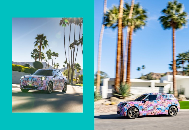 Collage of the MINI Aceman with colorful camouflage driving down a suburban street.