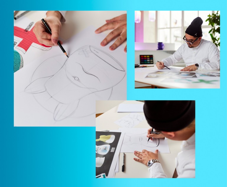 Collage of three pictures. A designer of the MINI design team is drawing Spike – this is shown in three pictures in different perspectives.