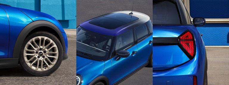 Close-up of the new MINI Cooper 5-Door’s alloy wheels. High angle shot of the new MINI Cooper 5-Door’s high-quality glass roof in a multitone gradient. Close-up of the new MINI Cooper 5-Door’s right rear light with triangular design.