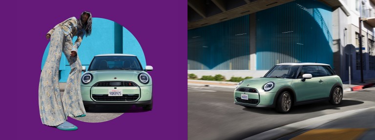 Collage of two pictures. On the left, the New MINI Cooper can be seen from the front. The car is standing on a purple circle in front of light blue background. Next to the car is a woman in a striking outfit. On the right picture, the moving New MINI Cooper can be seen.