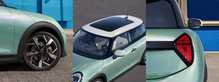 Collage of three pictures: the rim, the roof and the rear light of the New MINI Cooper.