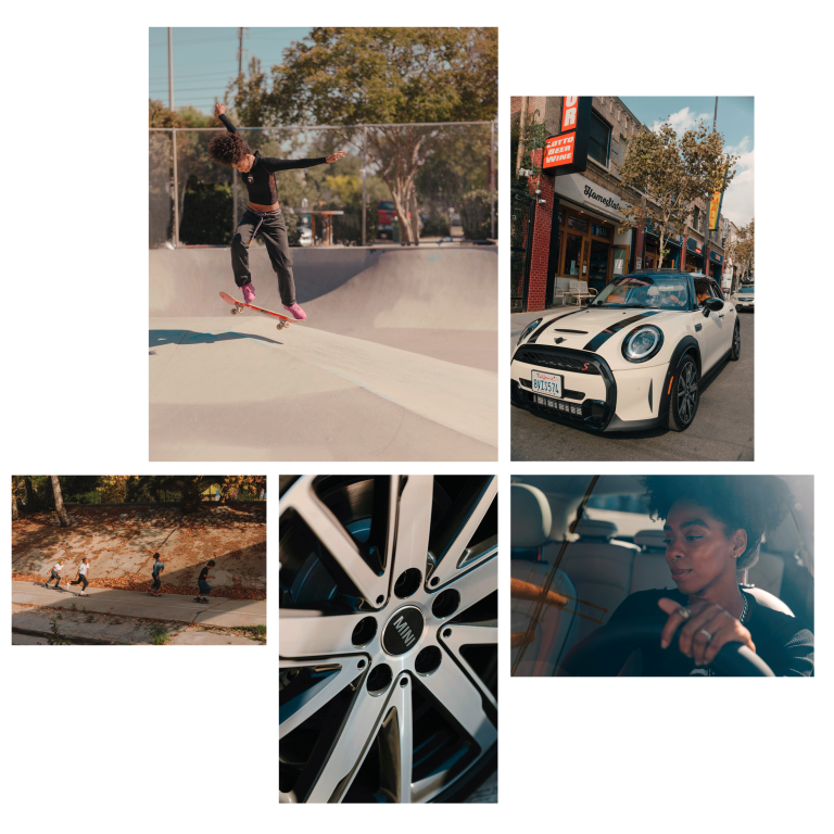 A collage of images showing Briana King in Los Angeles with her MINI Cooper S.