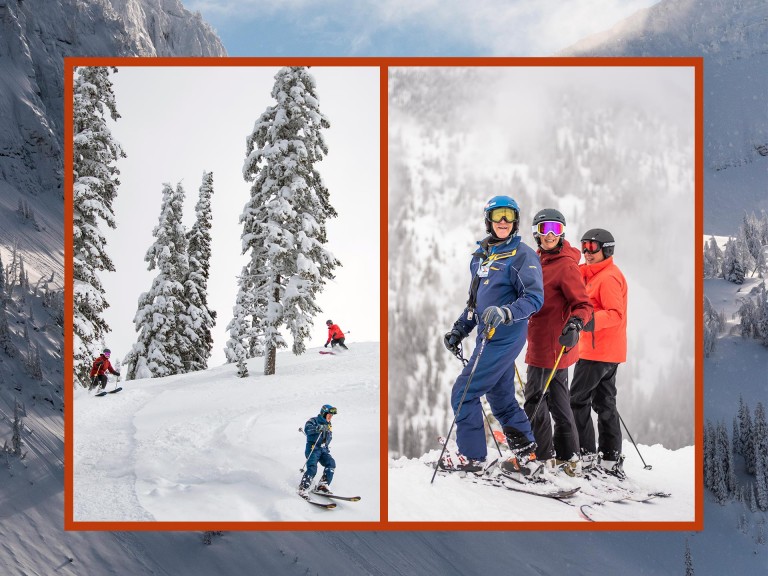 Two images of three “Silver Sliders”, skiing down the mountain and before a ski down hill. 
