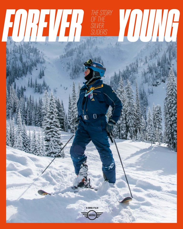 : Film poster with a “Silver Slider” for the short film “Forever Young” in the snowy mountain landscape of British Columbia, Canada.