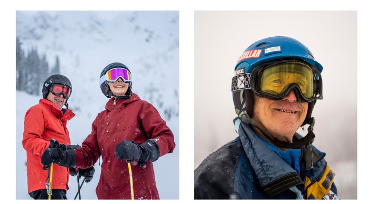 Two portraits of three “Silver Sliders”, who are skiing in British Columbia, Canada. 