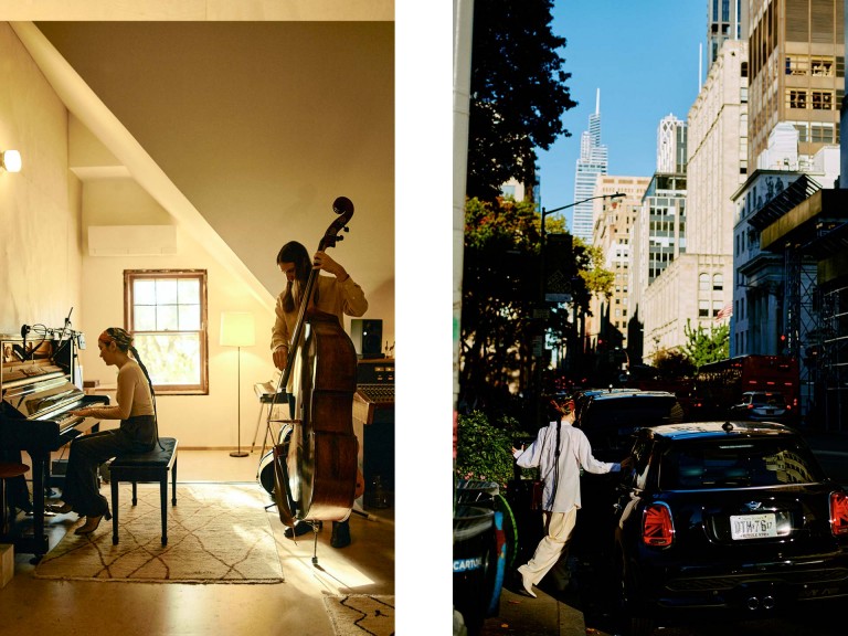 Left picture: Image of fashion designer Hana Tajima and her life partner making music together. Right picture: Image of the MINI 5-Door Hatch on the packed streets of the Big Apple. 