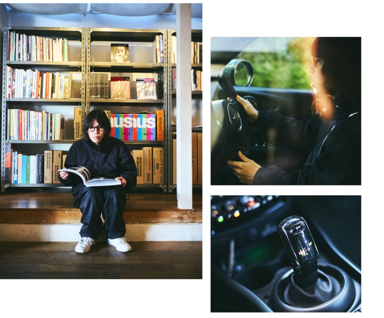 Jun Inagawa sitting on a step in his favourite bookstore, leafing through a coffeetable book. Jun Inagawa behind the wheel of the MINI Clubman. Close-up of a car gearstick.