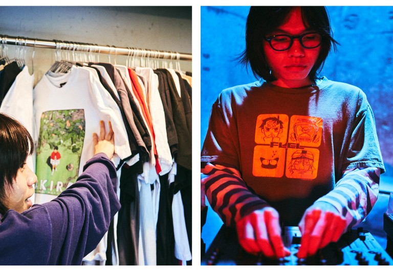 Jun Inagawa looks at t-shirts at the second-hand clothes store Chillweeb. Jun Inagawa behind the turntables.