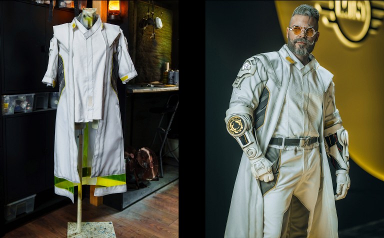 Collage of three images showing the costume of "Emmett The Scientist" as well as Maul Cosplay dressed as the character.