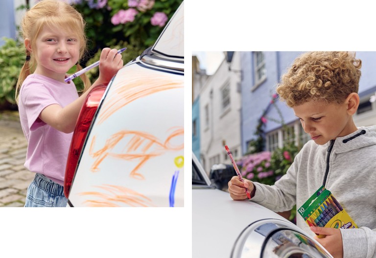 Two staggered images. Left image: Girl drawing with Crayola on the rear of the MINI Cooper. Right image: Boy drawing with Crayola on the hood of the MINI Cooper.