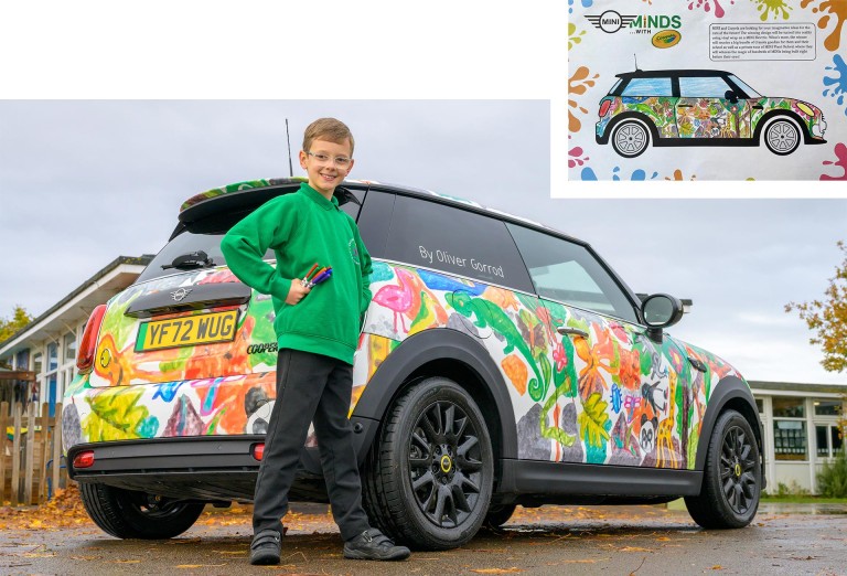Two pictures. Top right, the child's winning drawing. In the middle, Oliver Gorrod in front of the colorfully foiled MINI Cooper.