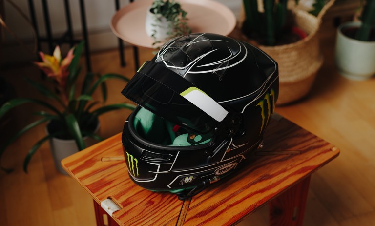 Image of Nicolas Hamilton’s lightweight carbon racing helmet. 