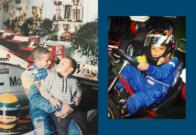 Image Nic and Lewis: Childhood image of Nic and his older brother Lewis.  Lewis is wearing a racing suit, holding Nic.   Image Nic:   Nic as a child in a Go-Kart. He wears a blue racing suit and a black racing helmet with a pattern. 